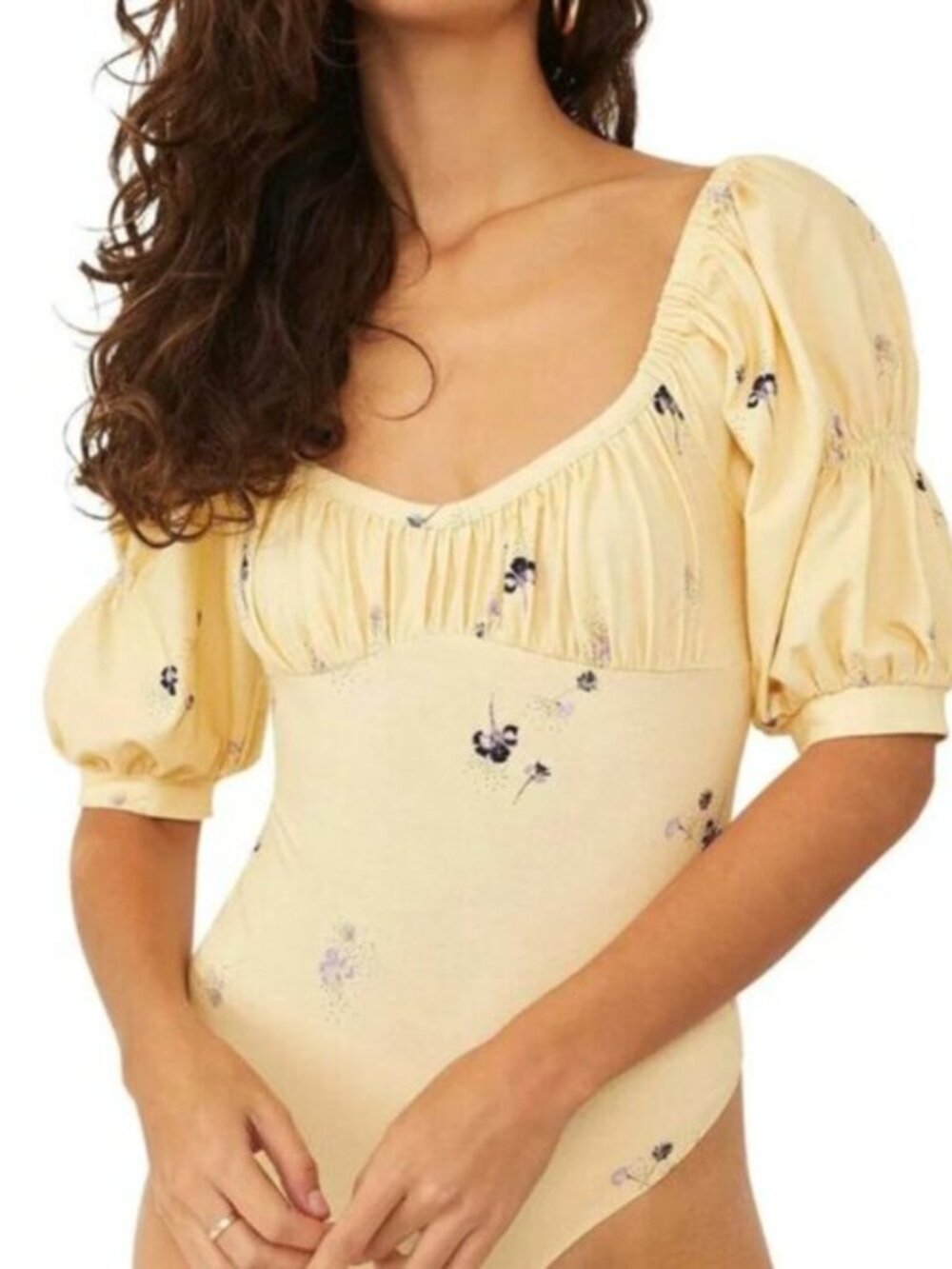 Free People  Butter Yellow Floral Puff Sleeve Bodysuit Medium Milkmaid